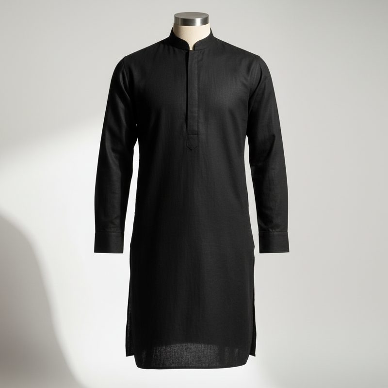Black Linen Mandarin Collar Kurta