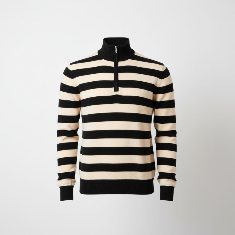 Cream Striped Quarter Zip Knit Sweater