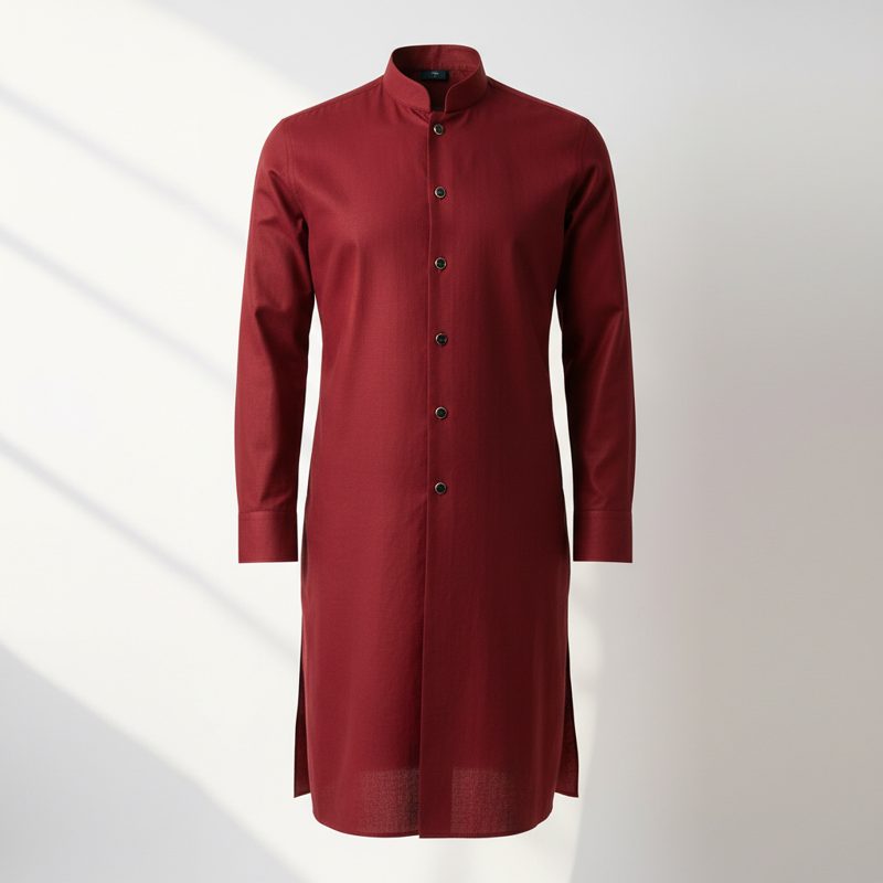 Burgundy Mandarin Collar Linen Kurta