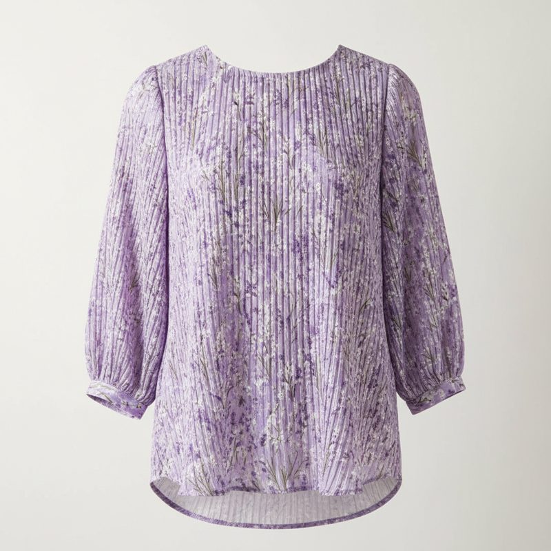 Lavender Floral Pleated Chiffon Blouse