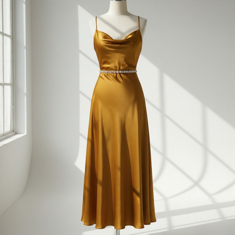 Bronze Cowl Neck Satin Slip Dress