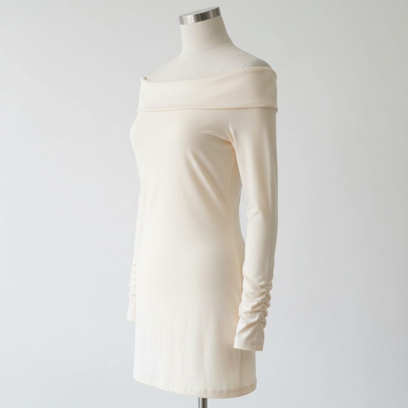 Cream Off-the-shoulder Ruched Sleeve Dress