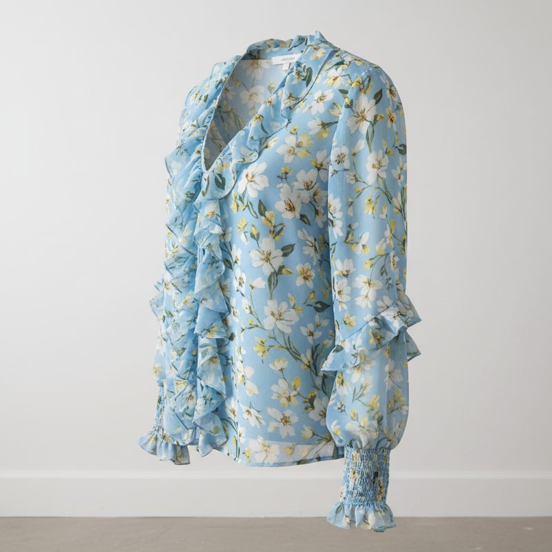 Sky Floral Ruffled Silk Blouse