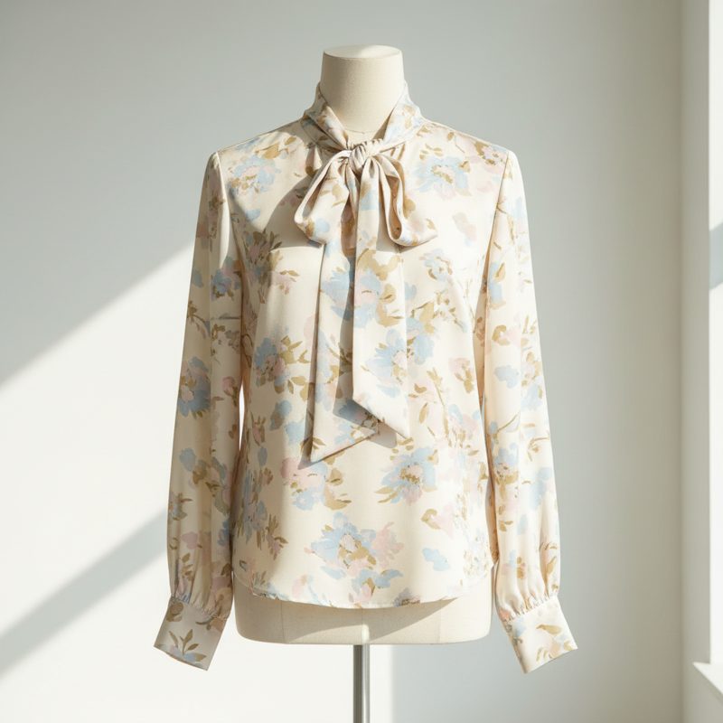 Cream Floral Tie-Neck Silk Blouse