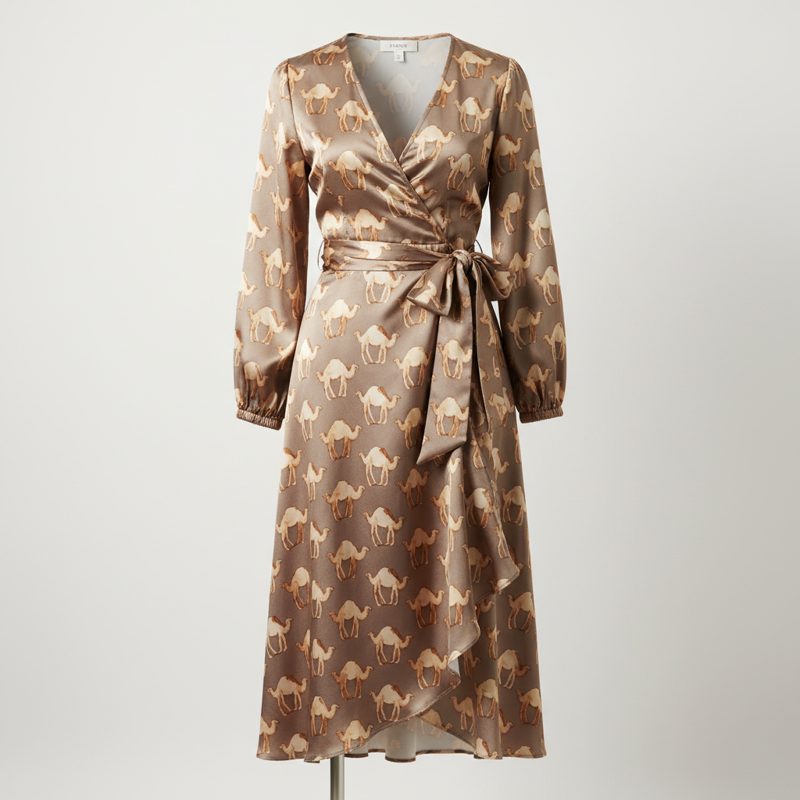 Caramel Camel Print Satin Wrap Dress