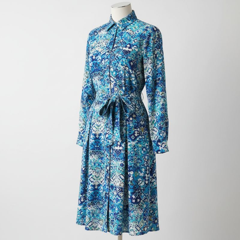 Teal Printed Silk Shirt Dress