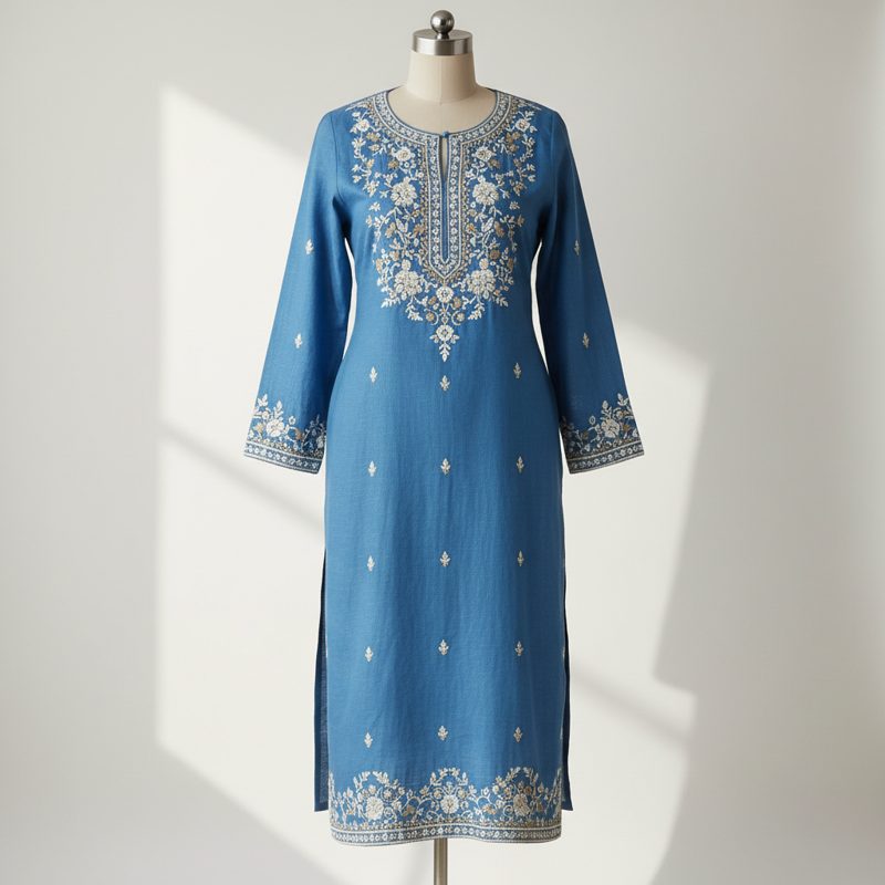 Cobalt Embroidered Linen Straight Kurta