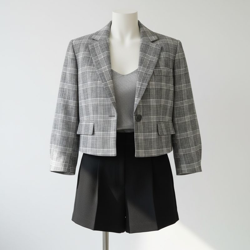 Grey Cropped Checked Formal Blazer