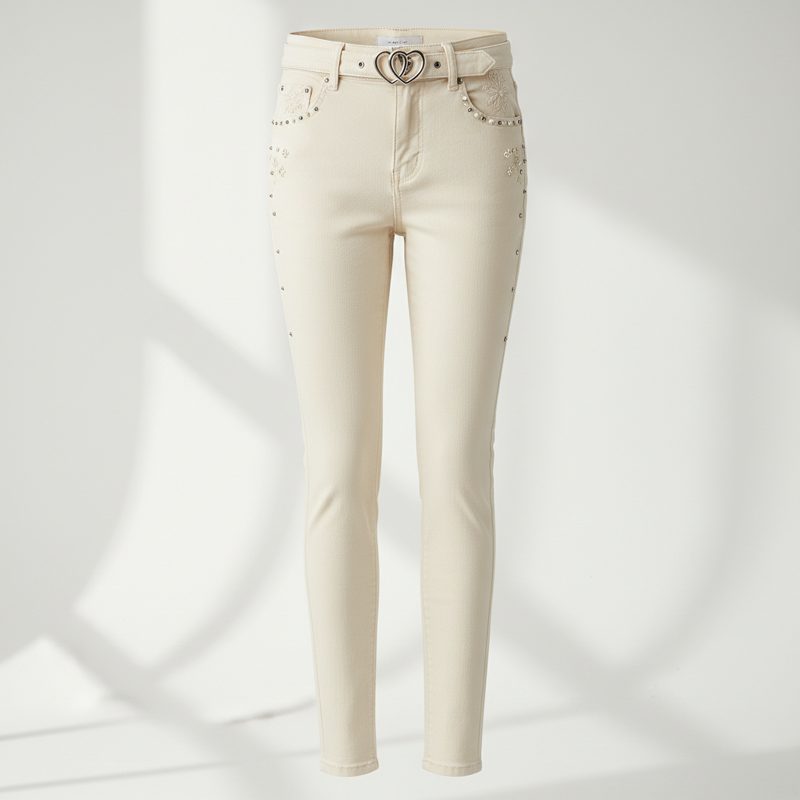 Cream Embellished High Rise Skinny Jeans