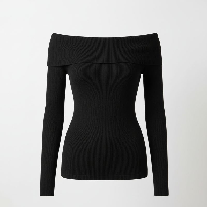 Black Off-the-shoulder Ribbed Knit Top