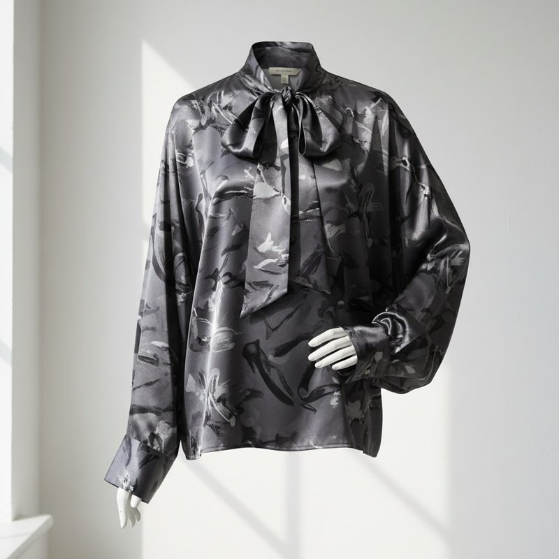 Charcoal Pussy-Bow Printed Satin Blouse