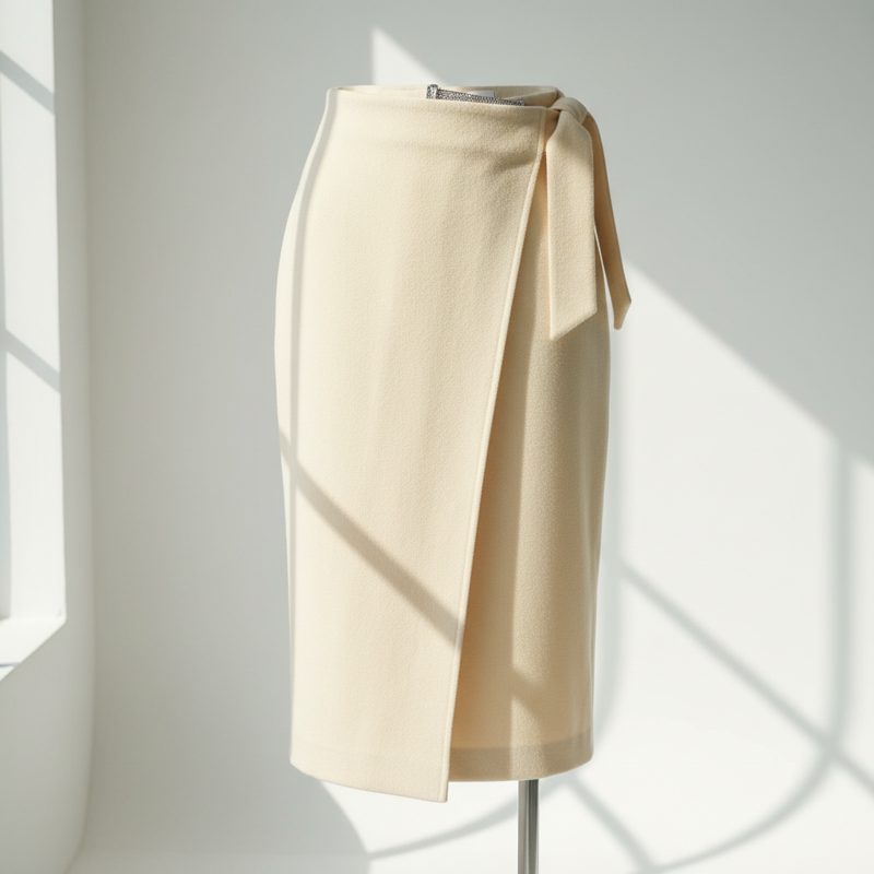 Cream Wrap Style Wool Midi Skirt