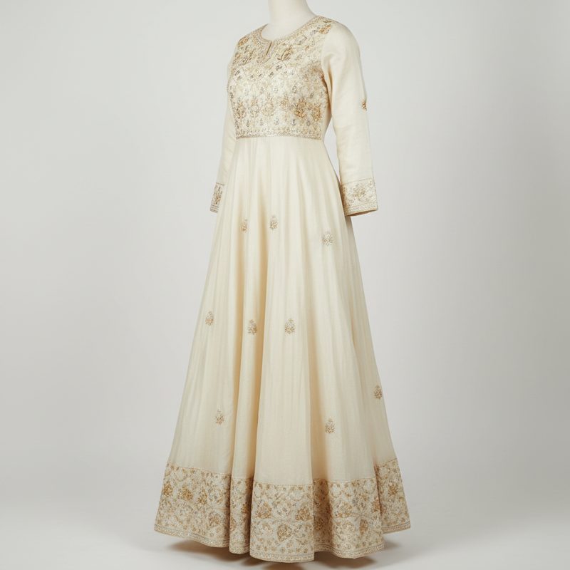 Cream Embellished Silk Anarkali Gown