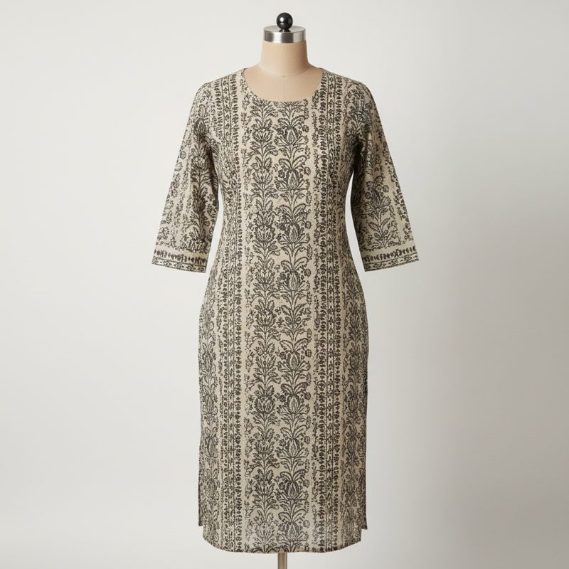 Beige Block Printed Cotton Kurta