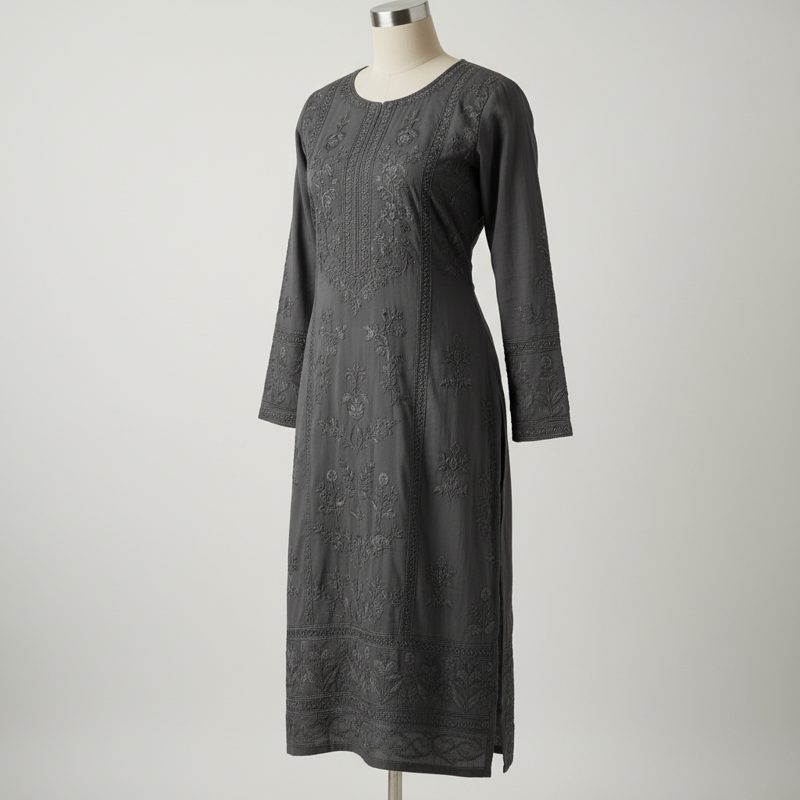 Charcoal Embroidered Long Sleeve Kurta
