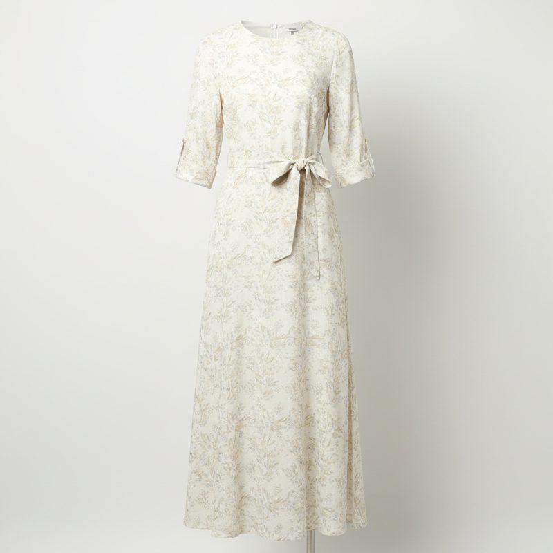 Cream Floral Print Belted Midi Dress