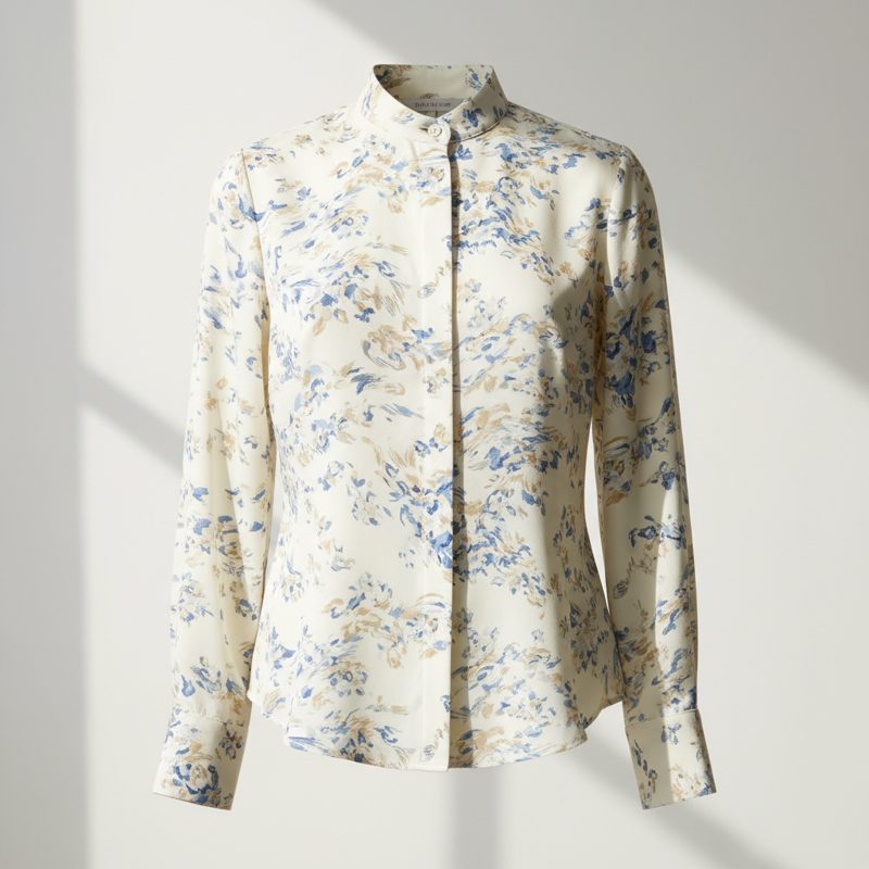 Cream Mandarin Collar Printed Blouse