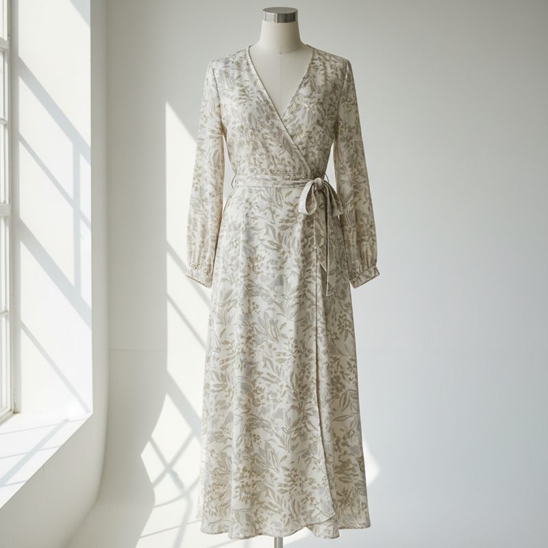 Cream Floral Wrap Long Sleeve Dress