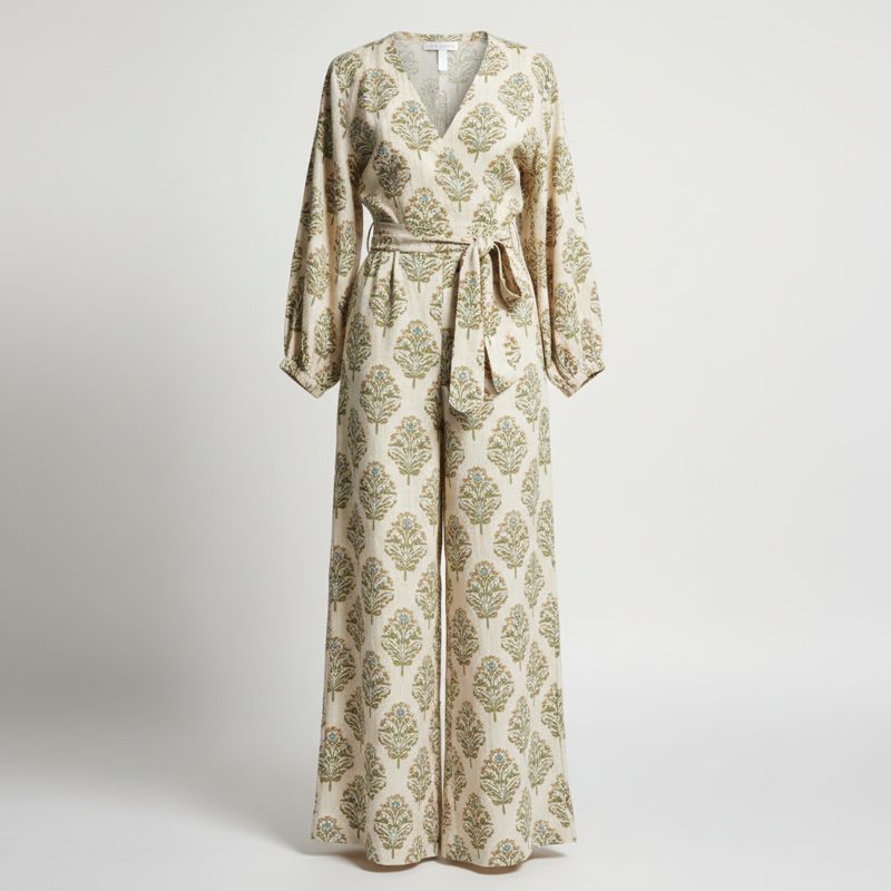 Cream Printed Wide Leg Wrap Jumpsuit