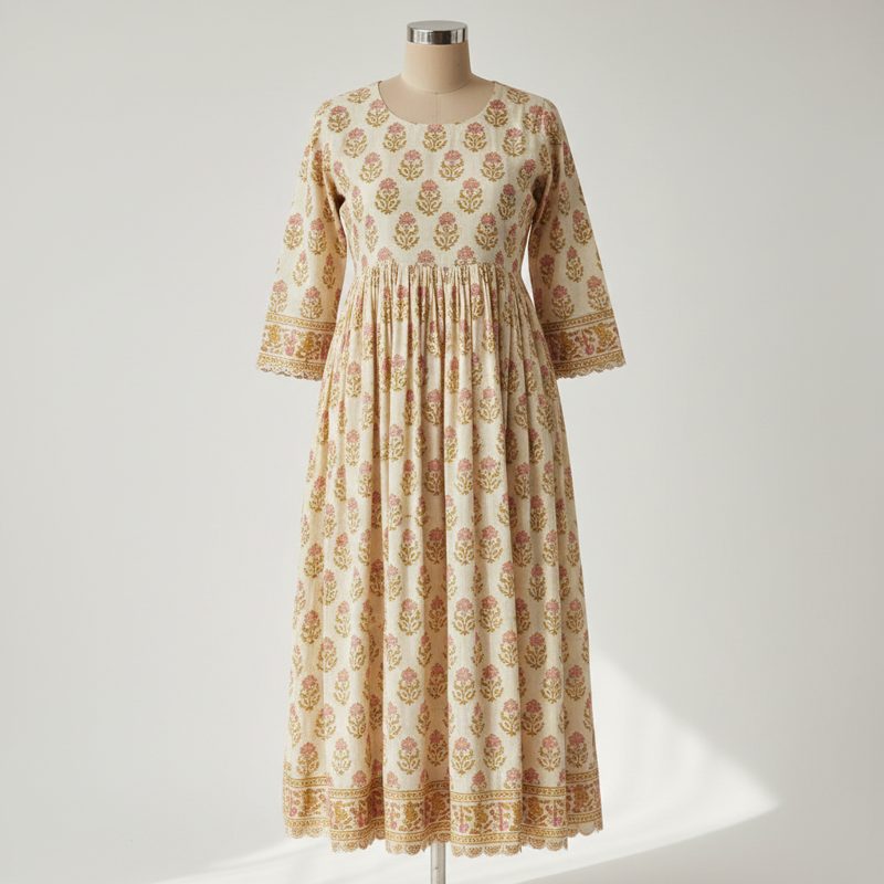 Cream Block-print Cotton Anarkali Kurta