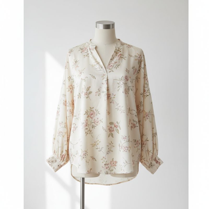 Beige Printed Satin Tie-Neck Blouse
