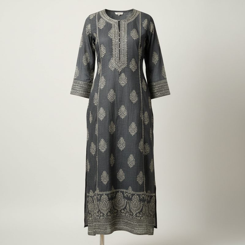 Charcoal Printed Straight Silk Kurta