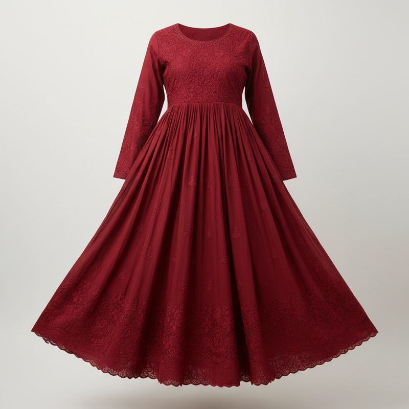 Burgundy Embroidered Long Sleeve Anarkali Kurta