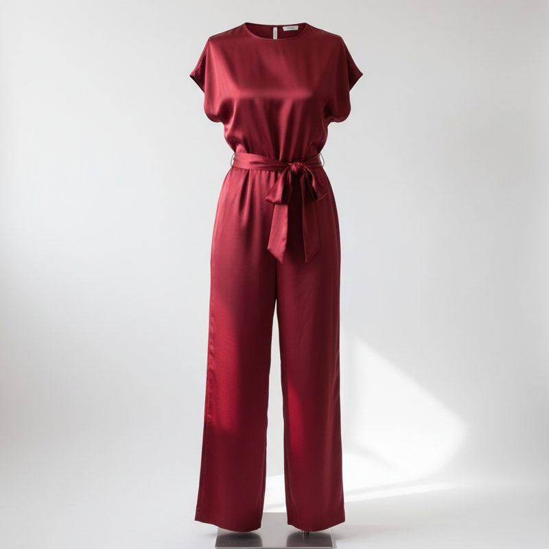 Wine Satin Belted Wide Leg Jumpsuit