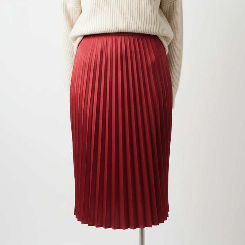 Crimson Satin Pleated Midi Skirt