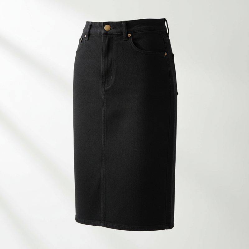 Black High-Waist Denim Pencil Skirt