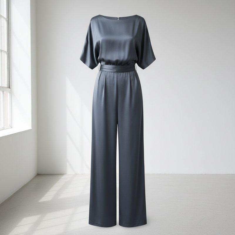 Graphite Satin Batwing Sleeve Jumpsuit