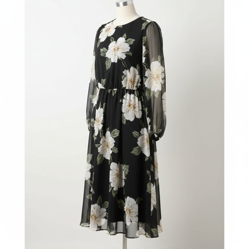Black Floral Long Sleeve Chiffon Dress