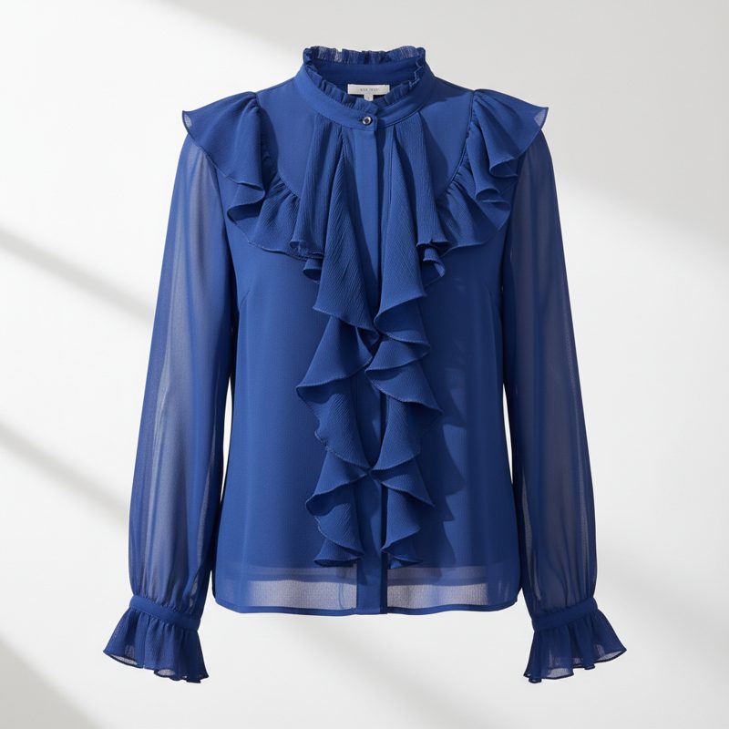 Cobalt Ruffle Trim Chiffon Blouse