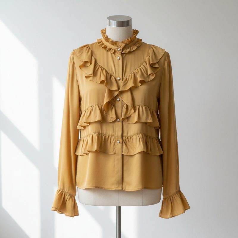 Mustard Ruffle Trim Button-Up Blouse