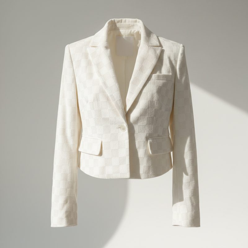 Ivory Cropped Checked Tailored Blazer