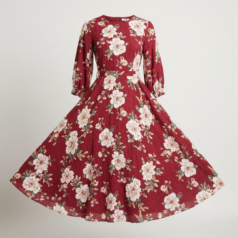 Burgundy Floral Print Long Sleeve Dress