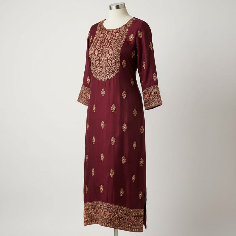 Wine Embroidered Silk Long Kurta