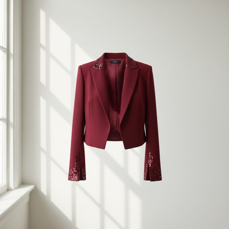 Burgundy Embellished Cropped Evening Blazer