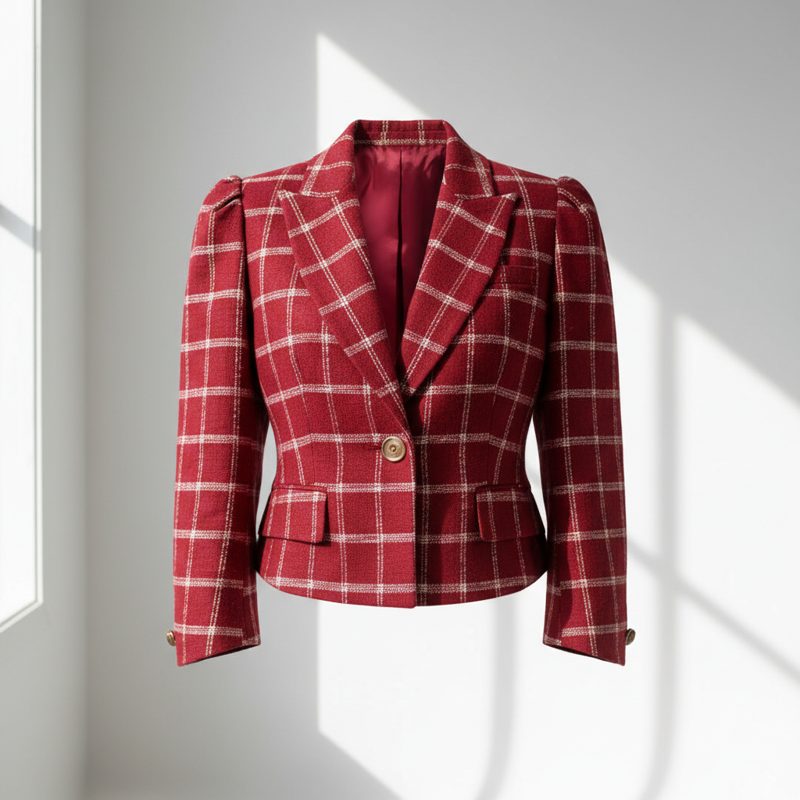 Burgundy Puff Sleeve Tweed Blazer Coat