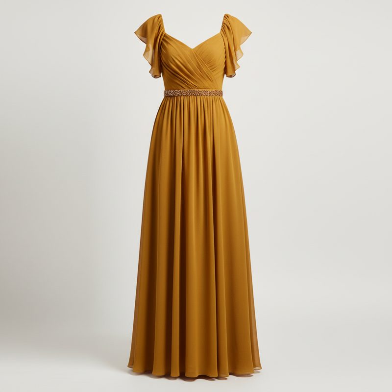 Mustard Embellished Flutter Sleeve Maxi Dress