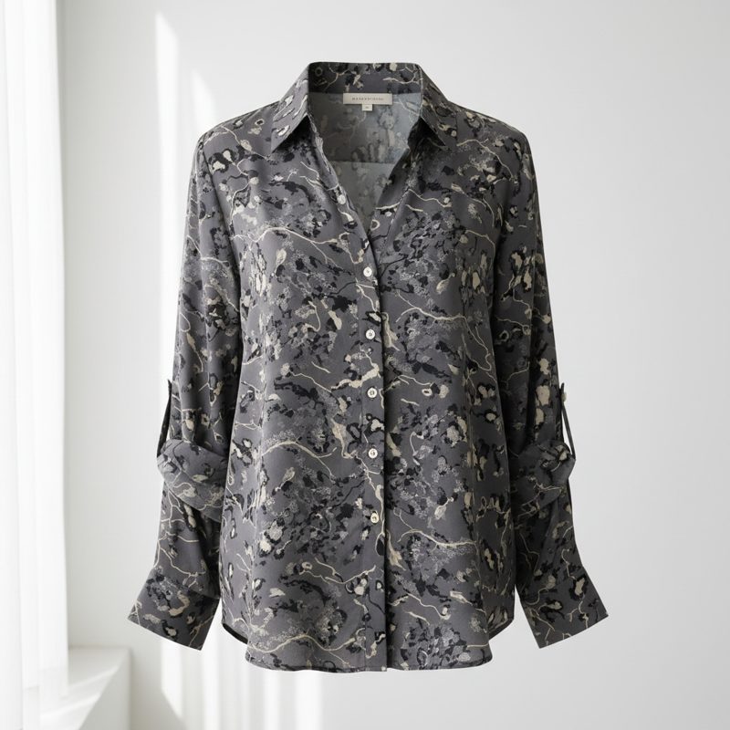 Charcoal Printed Silk Long Sleeve Shirt