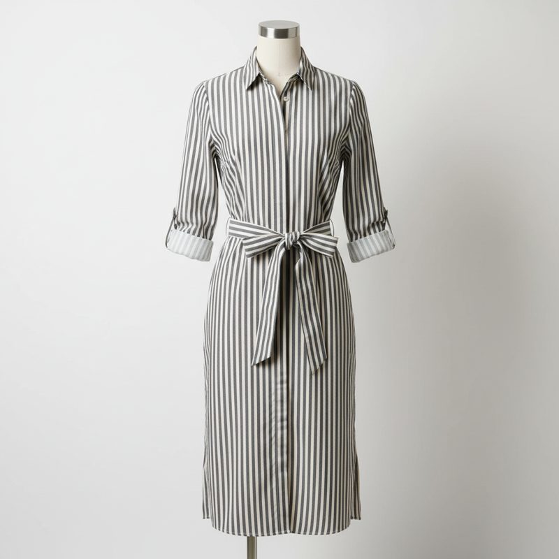 Charcoal Striped Belted Shirt Dress