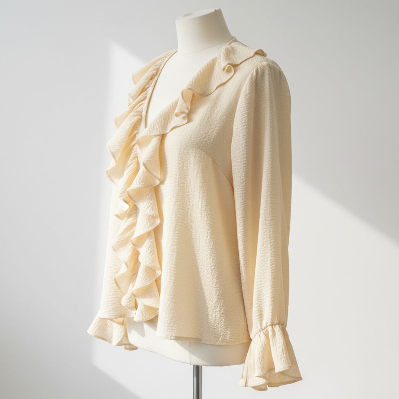 Cream Ruffle Trim Crepe Blouse