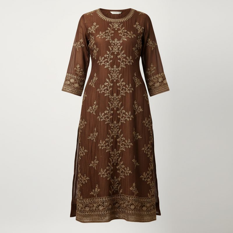 Bronze Embroidered Chanderi Festive Kurta