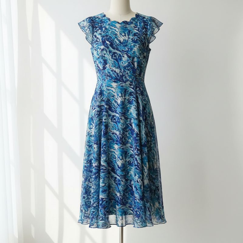 Cobalt Scalloped Neckline Printed Chiffon Dress