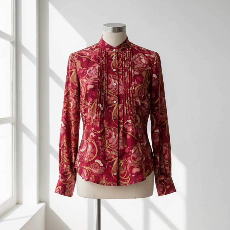 Burgundy Floral Pintuck Silk Blouse