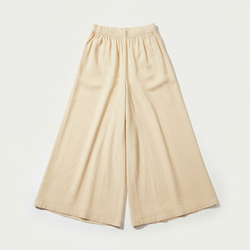 Cream Elastic Waist Linen Wide Trousers