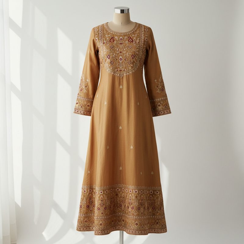 Mustard Embroidered Silk Blend Kurta
