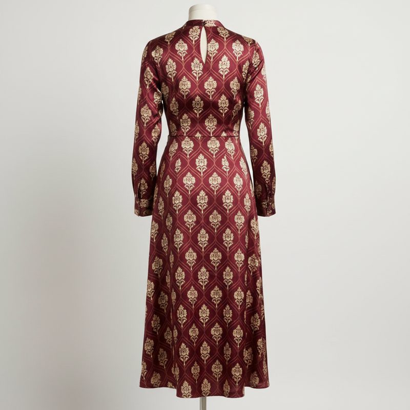 Burgundy Printed Satin Maxi Dress